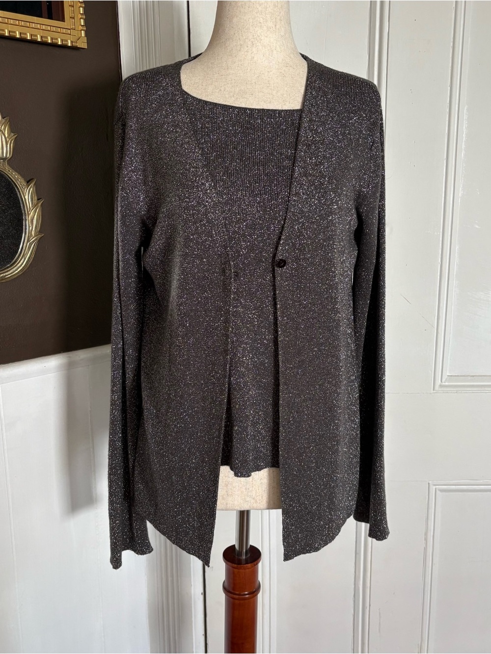 Charter Club Petite Metallic Shimmer Sweater Set Twinset Cardigan Shell S-PM